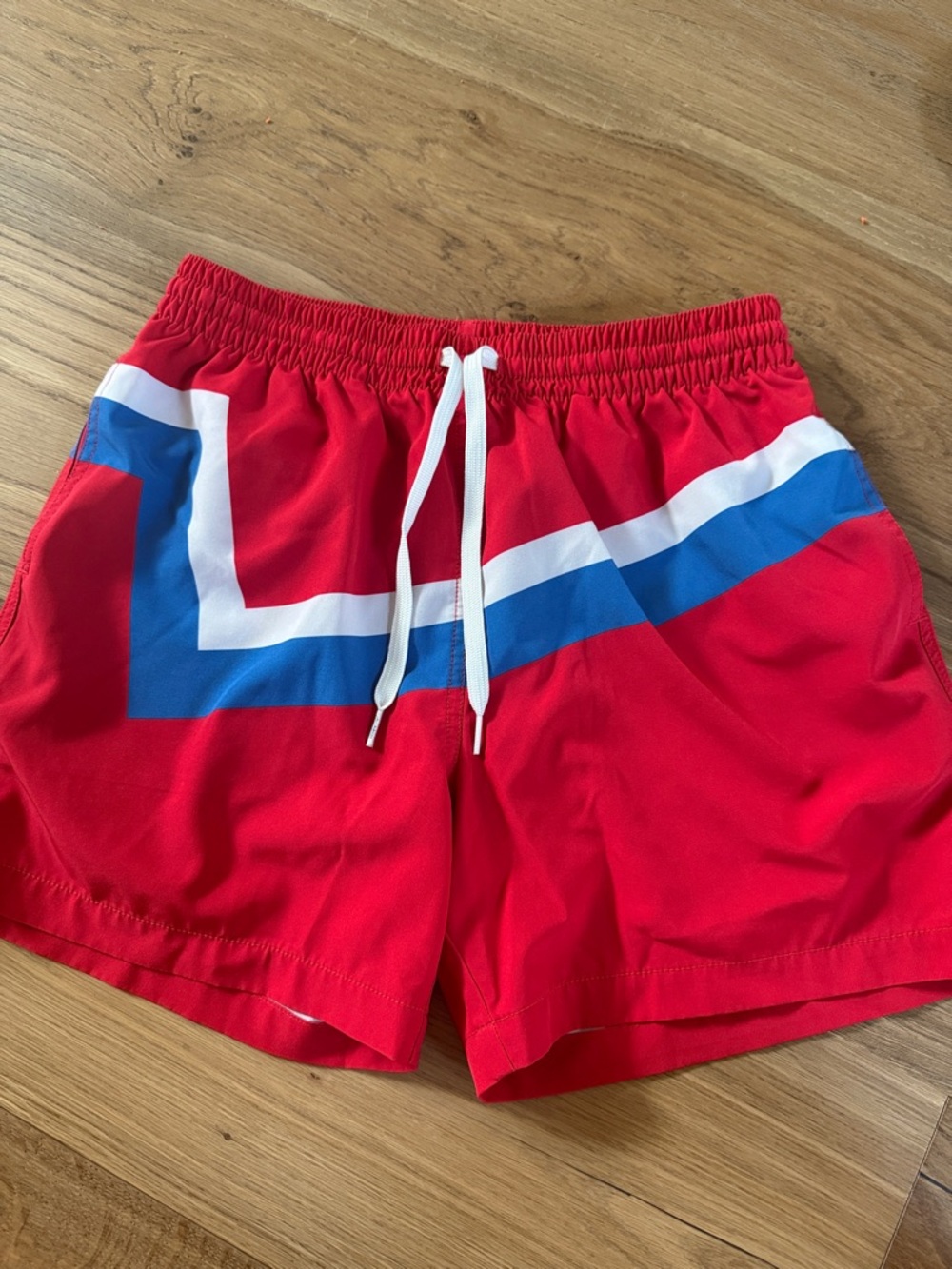 chubbies Red Swim Trunks with Blue & White Stripe